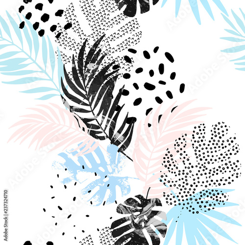 Art illustration: rough grunge tropical leaves filled with marble texture, do...