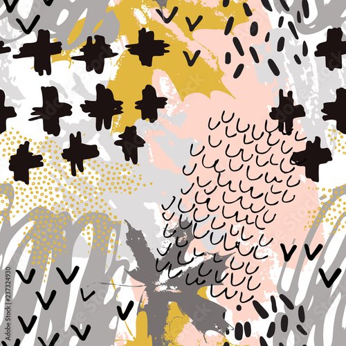 Autumn maple leaf and doodle seamless pattern.