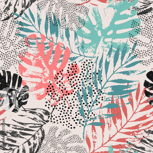 Art illustration: rough grunge tropical leaves filled with marble texture, do...