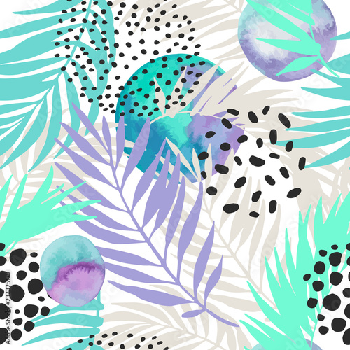 Floral and geometric background with palm leaves, doodle, watercolor texture, stains, 80s 90s shapes
