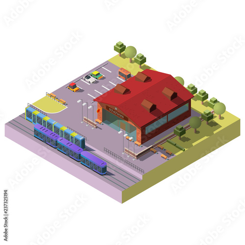 Train, subway or tram station building isometric vector with modern passenger locomotives and wagons moving near railway platform 3d illustration. City public transport infrastructure design element