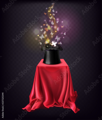 Fototapeta Naklejka Na Ścianę i Meble -  Shining butterflies flying out from black top hat standing on stand covered with red silk cape 3d realistic vector isolated on transparent background. Magical illusion, illusionist performance