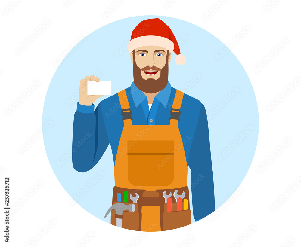 Worker in Santa hat showing the business card. Worker in Santa hat showing the business card.