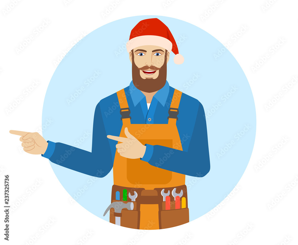 Two index fingers pointing. Worker in Santa hat showing somewhere. Two index fingers pointing. Worker in Santa hat showing somewhere.