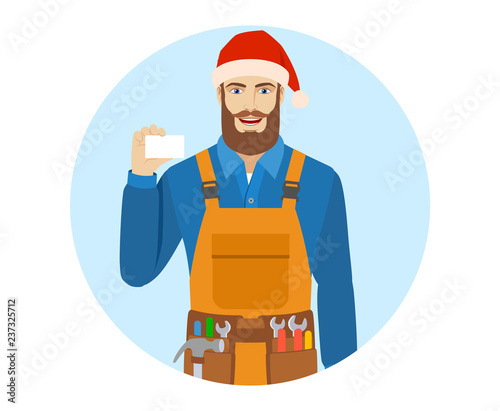 Worker in Santa hat showing the business card.