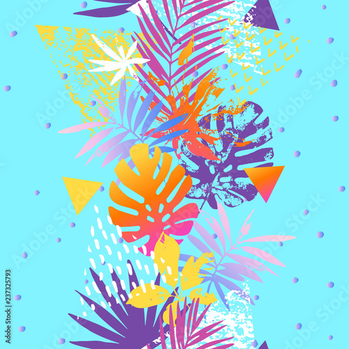 Modern illustration with tropical leaves, marbling textures, doodles, geometr...