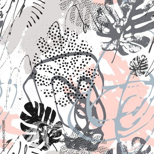 Modern art illustration with tropical leaves, grunge, marbling textures, dood...