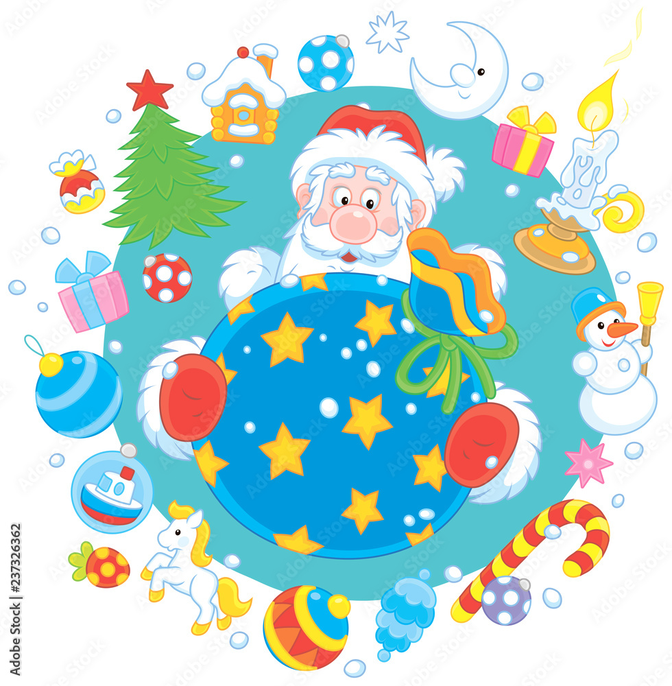 Naklejka premium Christmas and New Year card with Santa Claus and his gift bag with colorful toys around, vector illustration in a cartoon style