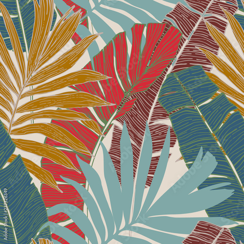 Hand drawn abstract tropical summer background : palm tree and banana leaves in silhouette, line art