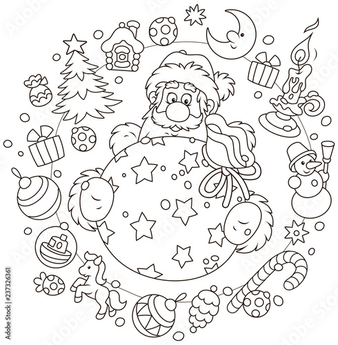 Fototapeta Naklejka Na Ścianę i Meble -  Christmas and New Year card with Santa Claus and his gift bag with funny toys around, black and white vector illustration in a cartoon style
