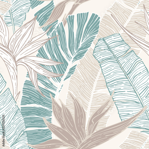 Hand drawn abstract tropical summer background : palm tree and banana leaves,...