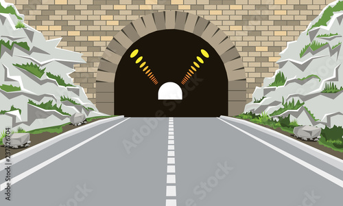 Tunnel and highway with flat and cartoon style. High detailed vector illustration.