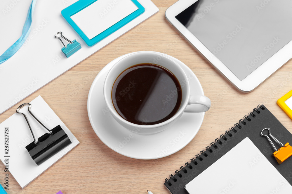 Corporate identity design template on wooden desk close up