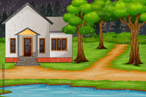 Background scene with house by the lake in the rain