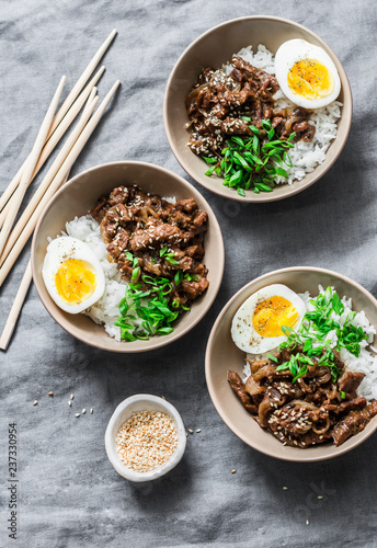 Japanese beef, rice and boiled egg bowl on grey background, top view. Asian food concept, flat lay