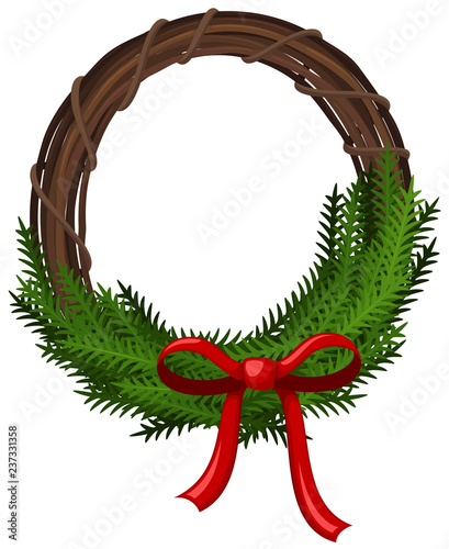 Vector illustration of a Christmas wreath of grapevine and pine with a red bow..