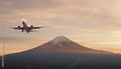 Top of Fuji-san, the highest mountain in Japan with airplane, view from rope way at Lake Kawaguchiko