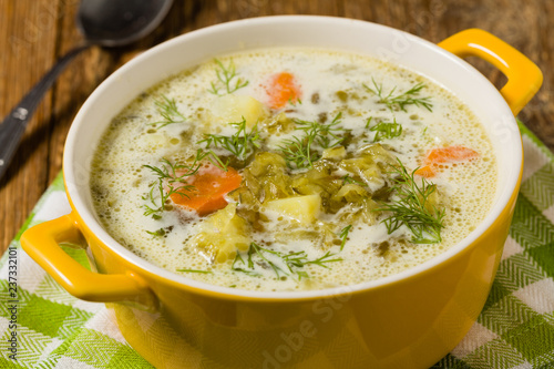 Traditional cucumber soup with pickled cucumbers.