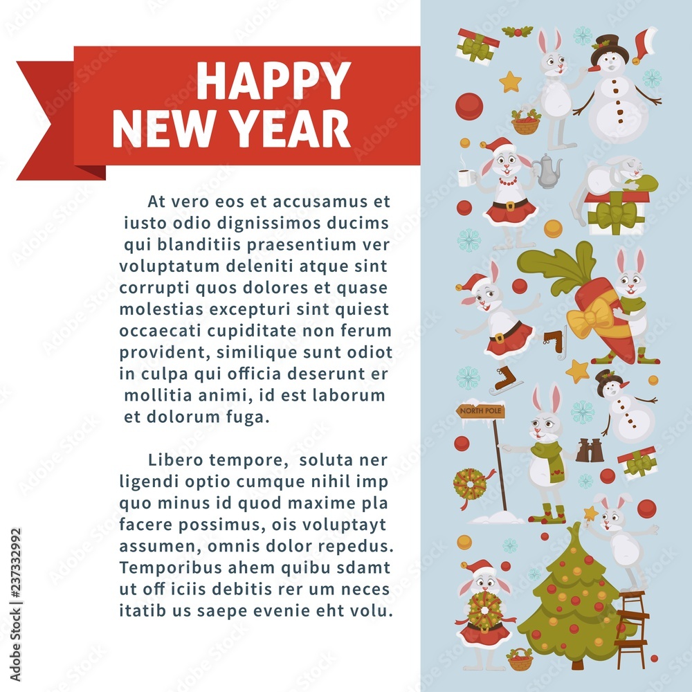 2019 New year celebration, bunny with snowman winter character vector. 2019 New year celebration, bunny with snowman winter character vector.