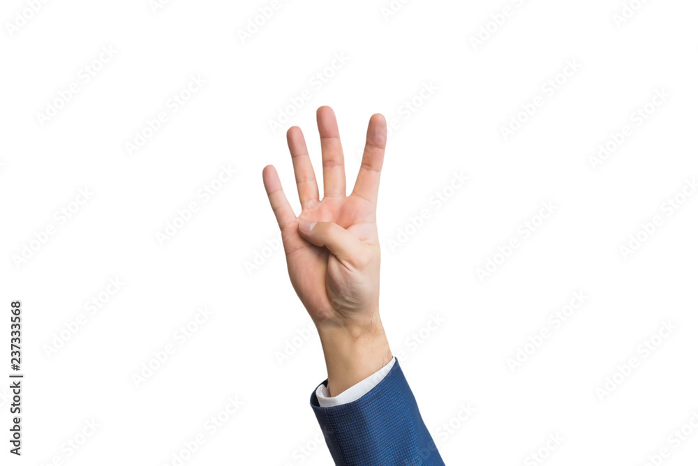 businessman,four fingers on the hand of a man in a suit, on a white background businessman,four fingers on the hand of a man in a suit, on a white background