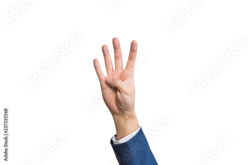  businessman,four fingers on the hand of a man in a suit, on a white background