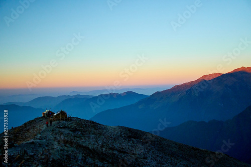 Sunrise above mountain in valley Himalayas mountains Mardi Himal
