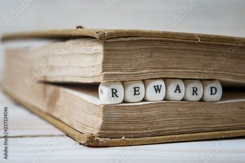 Word reward written in wooden blocks in book