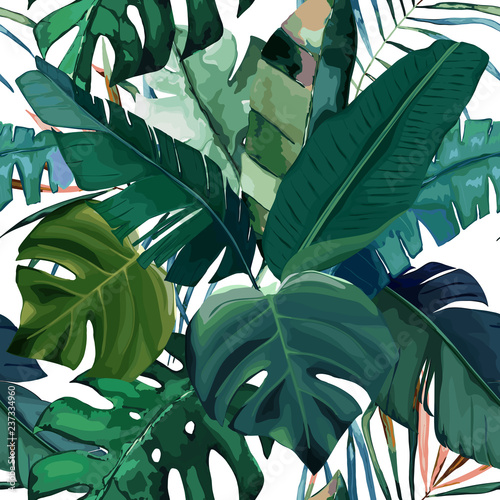Jungle exotic seamless pattern, green tropical leaves, summer vector illustration on white background. Watercolor style