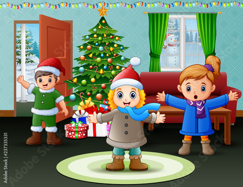 Happy kids celebration a christmas in the home