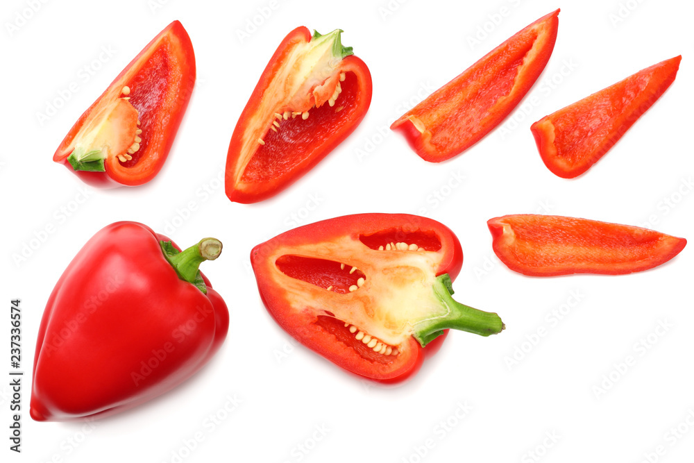 sliced red sweet bell pepper isolated on white background. top view sliced red sweet bell pepper isolated on white background. top view