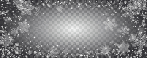 Vector snowfall, snowflakes of various shapes. Many white cold flaky elements on transparent background. White falling fly in the air.