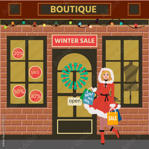 Cute woman in cap and coat Santa with packages in arms in front of boutique.  Shopping. Big Sale. Vector  cartoon illustration.