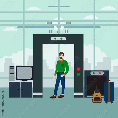 Vector illustration of security  scanning passenger with metal detector. Airport terminal, security checkpoint concept design element.