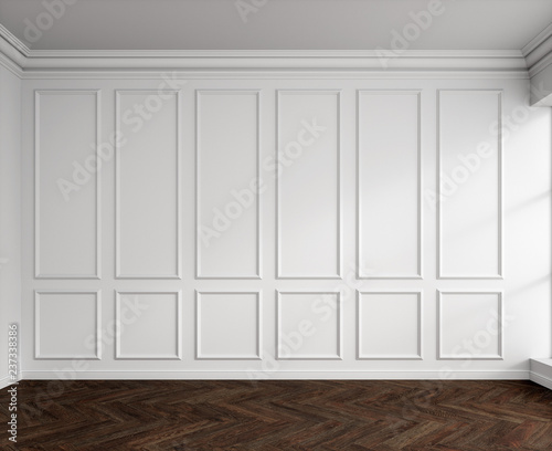 3d render of white interior with classic panels and natural parquet