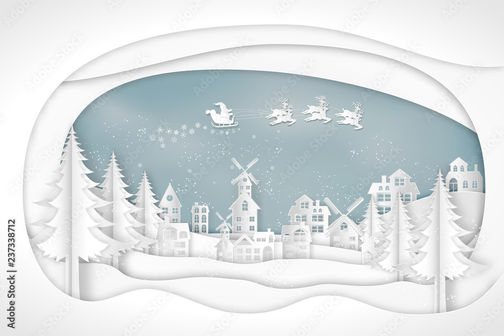 Paper art , cut and craft style of Santa Claus on Sleigh and Reindeer in snow village and deers in winter background as Merry Christmas or x'mas and Happy New Year concept. vector illustration.