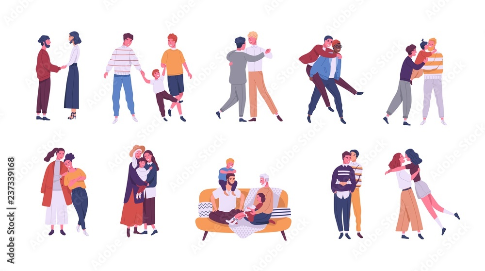 Collection of LGBT or queer couples and families with children. Bundle of male, female and transgender romantic partners isolated on white background. Vector illustration in flat cartoon style.