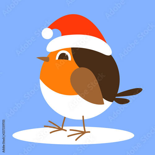 cartoon robin bird in santa hat,vector illustration ,flat 
