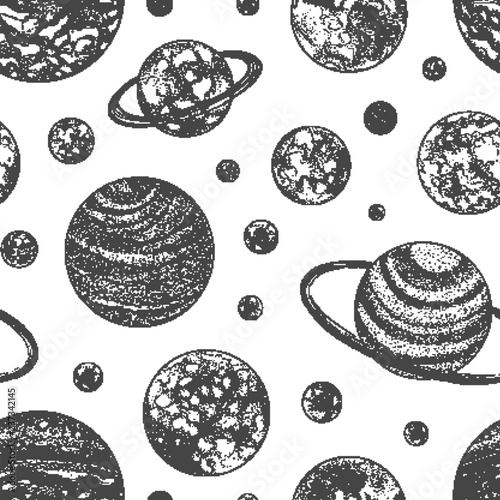 Black and white seamless pattern with planets and other planetary bodies in outer space