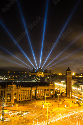 Long Exposure with light trails of the Plaza España and the illuminated National museum of of Catalonia (MNAC: Museu Nacional d’Art de Catalunya) in the background