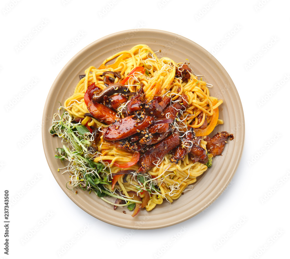 Plate with tasty chinese noodles on white background Plate with tasty chinese noodles on white background