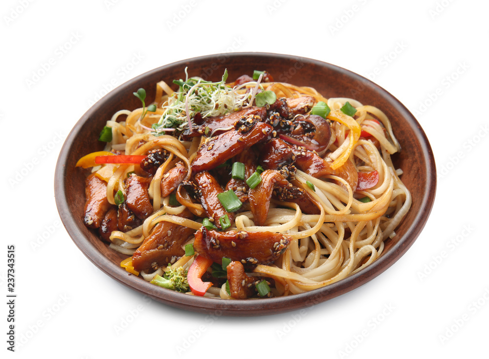 Plate with tasty chinese noodles on white background Plate with tasty chinese noodles on white background