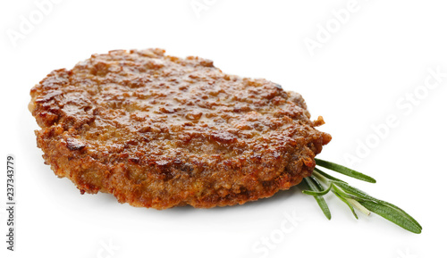 Burger patty with rosemary on white background