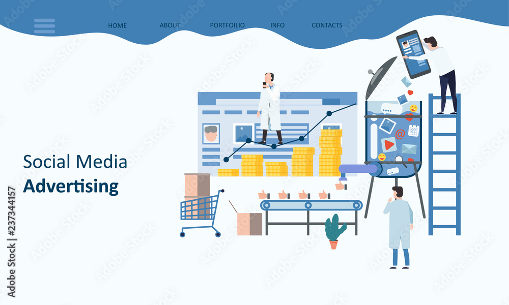 Social Media advertising. Mockup landing page website design. Modern trend flat design concept of web page design for website and mobile website. Teamwork business. Vector illustrations. Social Media advertising. Mockup landing page website design. Modern trend flat design concept of web page design for website and mobile website. Teamwork business. Vector illustrations.