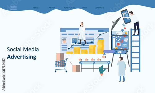 Social Media advertising. Mockup landing page website design. Modern trend flat design concept of web page design for website and mobile website. Teamwork business. Vector illustrations.