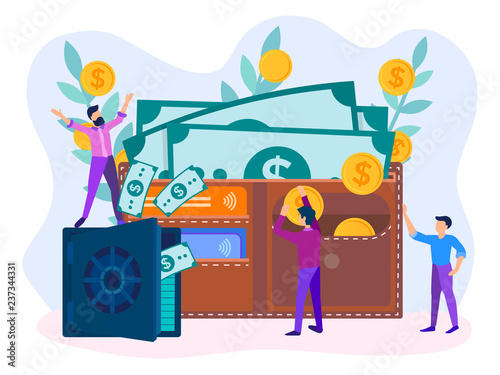 Safe with dollars, wallet with banknotes, coins and credit cards.