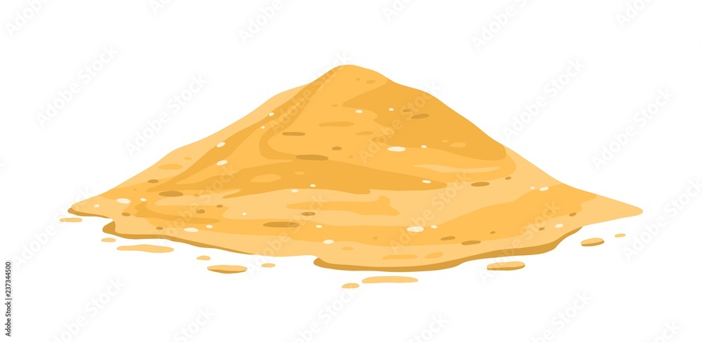 Heap of sand isolated on white background. Sandy dune in desert or at beach, construction or manufacturing material. Decorative design element. Colorful vector illustration in flat cartoon style.