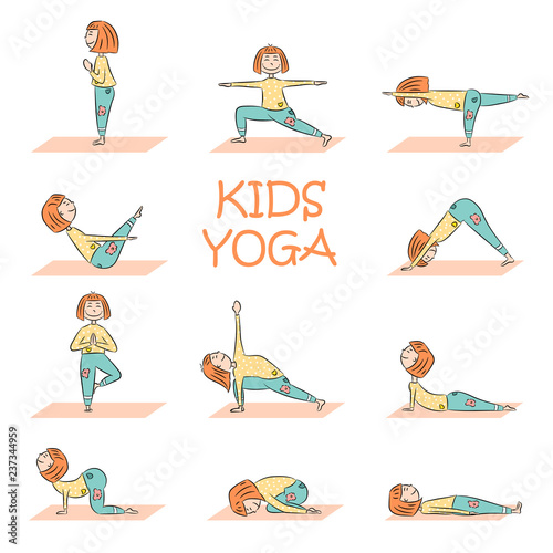 Kids yoga set with cute cartoon girl