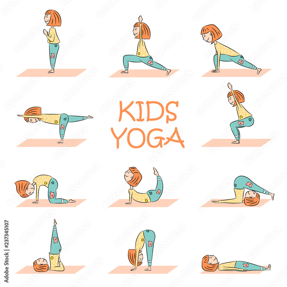 Kids yoga set with cute cartoon girl Stock Vector