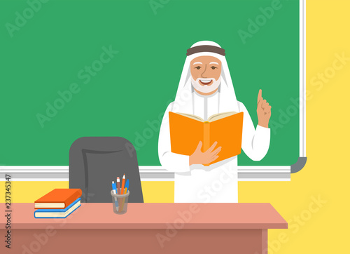 Arab teacher senior man in traditional dress standing with open book at the blackboard in classroom. School class interior. Traditional education concept. Vector cartoon illustration.