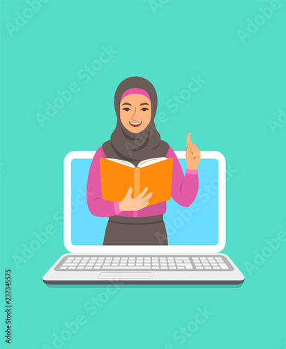Online education concept. Young arab woman teacher holds open book and lifts a finger up to share knowledge. Cartoon vector illustration. Distance learning by computer. Virtual library on internet